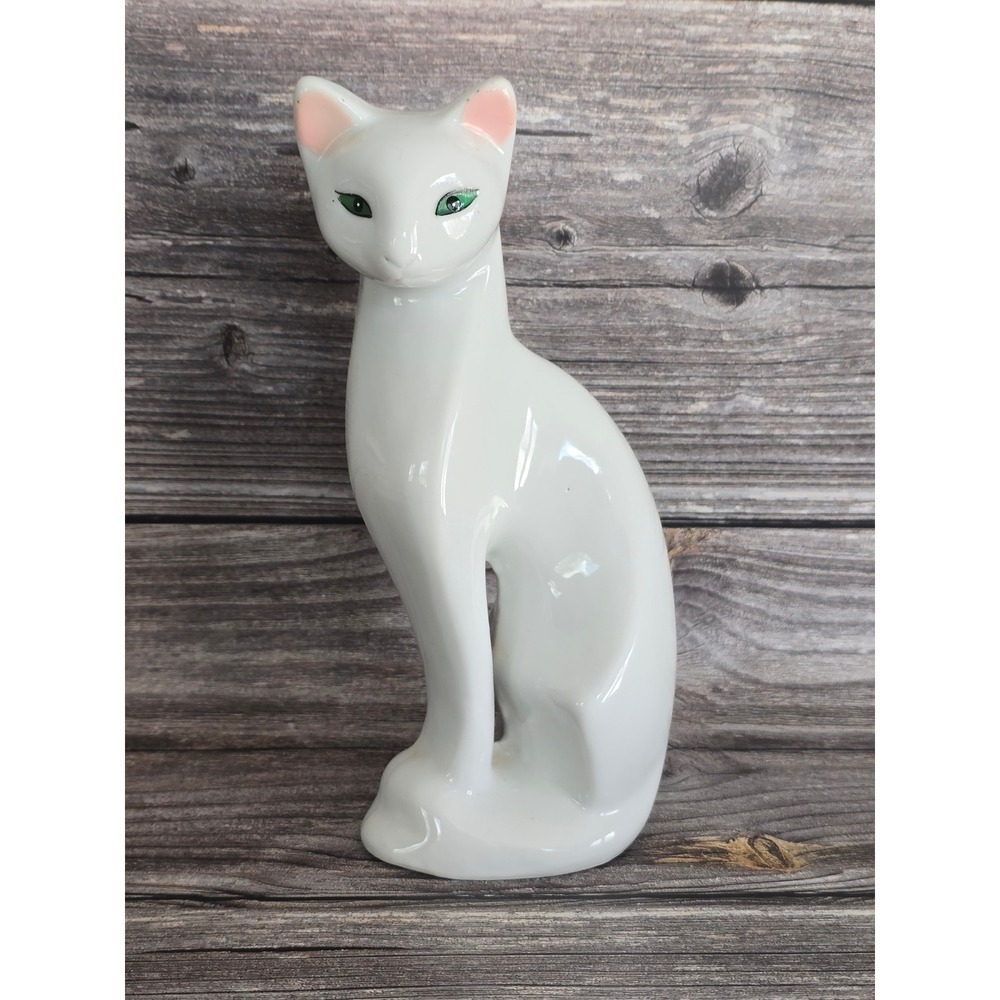 Vintage MCM White Ceramic Siamese Cat Figurine Glossy Green Eyes 7.75 Inch